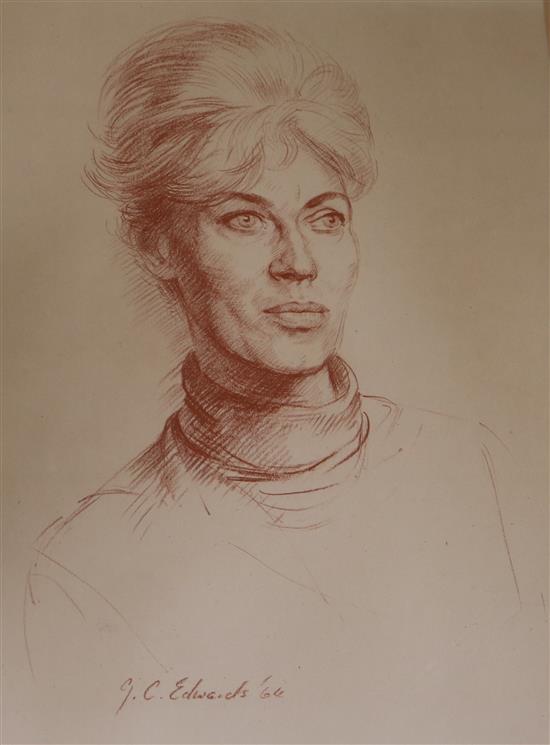 G.C. Edwards, lithograph, sepia portrait of a lady, 34 x 25cm